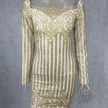 Sequined V Neck Sexy Dress In Gold And Black