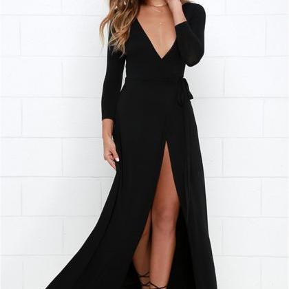 Sexy Black Long Sleeve Deep V Neck Long Dress on Luulla