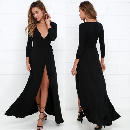 Sexy Black Long Sleeve Deep V Neck Long Dress