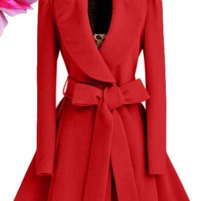 Elegant Wool Blend Winter Coats With Belt In Red,..