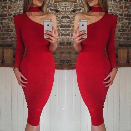 Red One Shoulder Body Con Dress