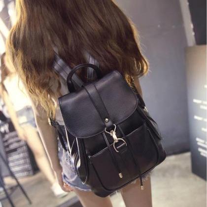 Black Pu Leather Backpack Office And School Bag..