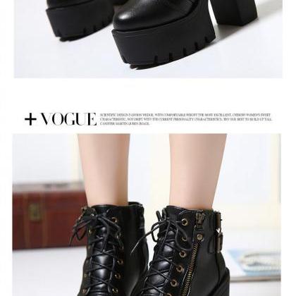 Black Lace Up Chunky Heel Fashion Boots
