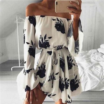 Off Shoulder Floral Printed Flare Sleeve Sexy..