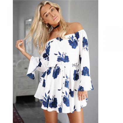 Off Shoulder Floral Printed Flare Sleeve Sexy..