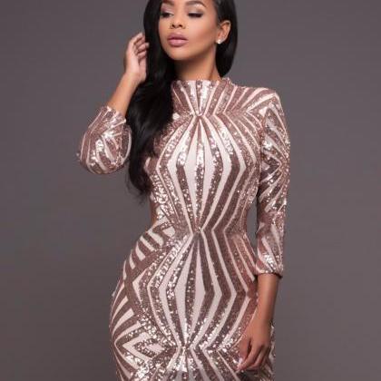 Slim Fit  Long Sleeve Backless Party dress Sequined Evening Dress