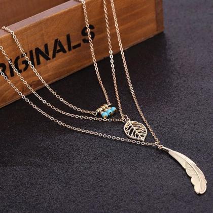 Elegant Multi Layer Pendant Chain Feather Necklace..