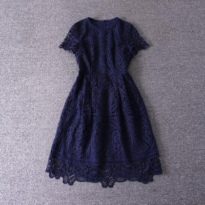 Blue Short Sleeve Lace Party Dress