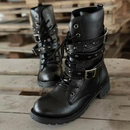 Lace Rivet Design Black Boots