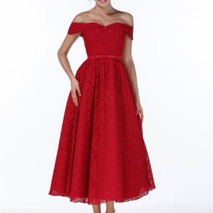 Beautiful Off Shoulder Red Lace Evening Party..