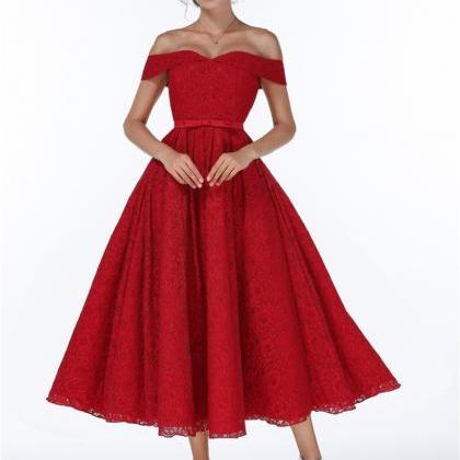 Beautiful Off Shoulder Red Lace Evening Party..