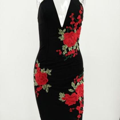 Floral Embroidered Spaghetti Strap Black Dress