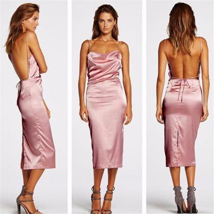 Sleeveless Pink Lace Up Back Sexy Party Dress