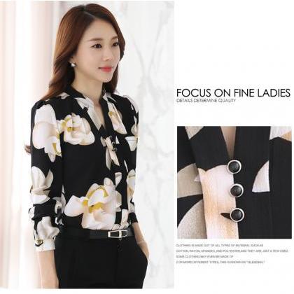 Chic Floral Print Chiffon Blouse In Black And..