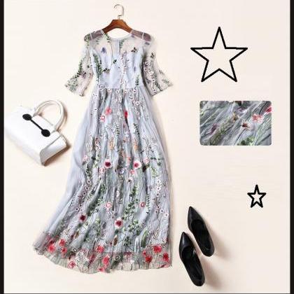 Floral Embroidery Elegant Long Dress