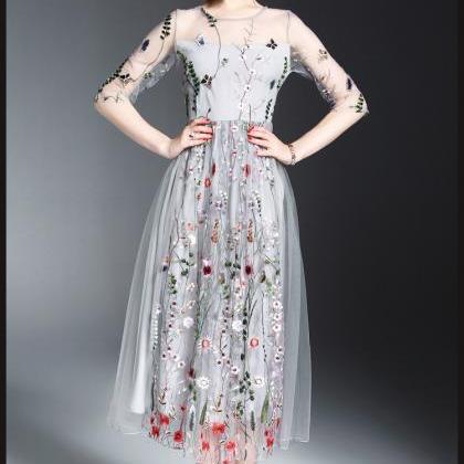 Floral Embroidery Elegant Long Dress