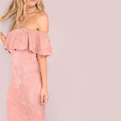 Pink Suede Off Shoulder Party Dress