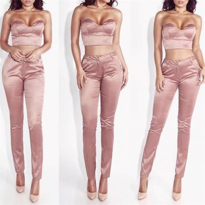 Strapless Two Piece Crop Top And Pants Set
