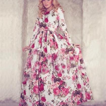 Beautiful Long Sleeve Floral Print Maxi Dress