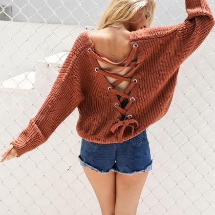 Sexy Back Lace Up Knitted Pullover on Luulla