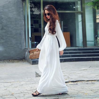 Solid White Long Sleeve Party Long Maxi Dress