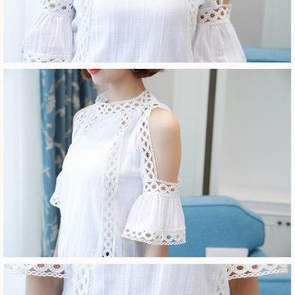 White Off Shoulder Flare Sleeve Lace Blouse