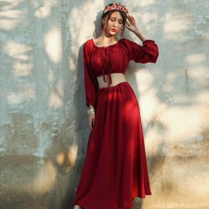 Gorgeous Red Boho Two Piece Top And Skirt Set