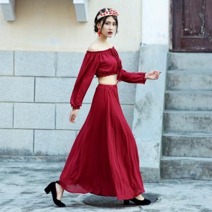 Gorgeous Red Boho Two Piece Top And Skirt Set