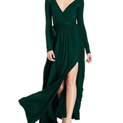 Long Sleeve V Neck Elegant Maxi Dress With Slit