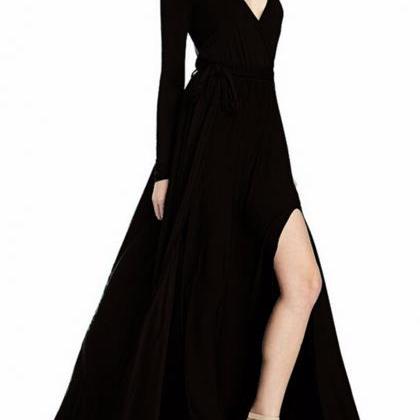 Long Sleeve V Neck Elegant Maxi Dress With Slit