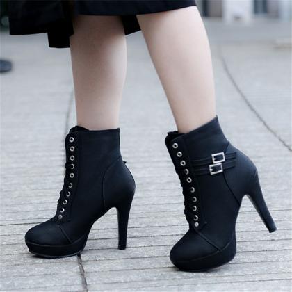 Autumn Winter Black Lace Up Ankle Boots