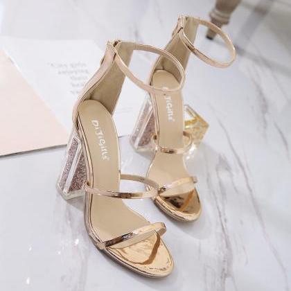 Gold Open-toe Strappy Glittered Chunky Heels, High..