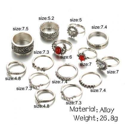 Tibetan 14 Pieces Sun Moon Silver Boho Ring Set
