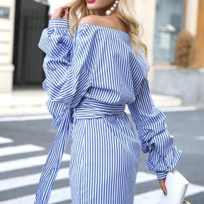 Blue and White Stripes Off-The-Shou..