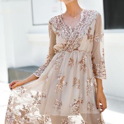 Long Sleeve V Neck Sequined Lace Party Dress