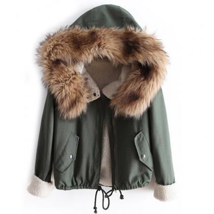 Autumn And Winter Hooded Parkas Coat With Faux Fur