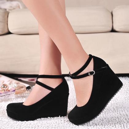 Cross Strap Wedge Shoes in Black an..