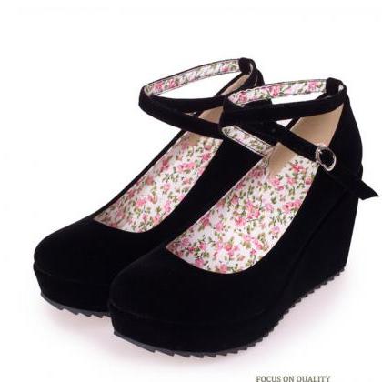 Cross Strap Wedge Shoes in Black an..