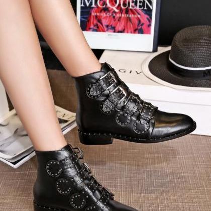 Chic Black Leather Studded Motorcycle Boots