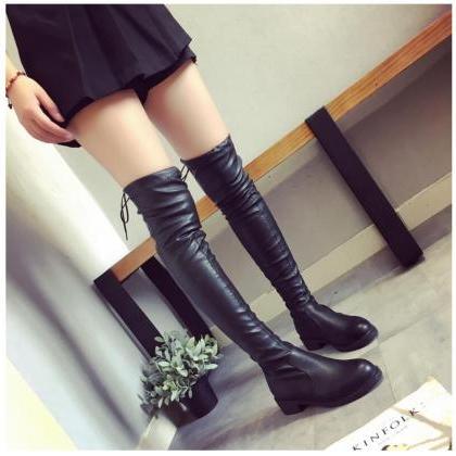 Black Lace Up Over The Knee Winter Boots