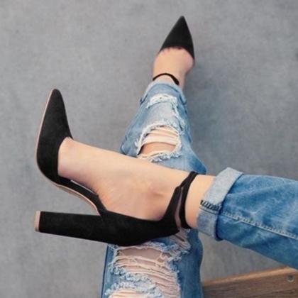Faux Suede Pointed-toe Ankle Strap Chunky Heels