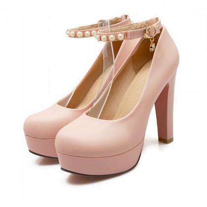 Gorgeous Pink Pearl Beaded Ankle Strap High Heels..