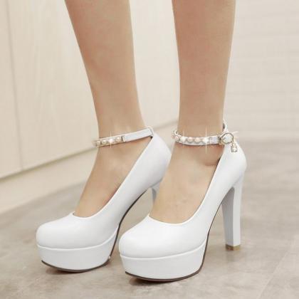 Beautiful Pearl Beaded White Ankle Strap Pumps