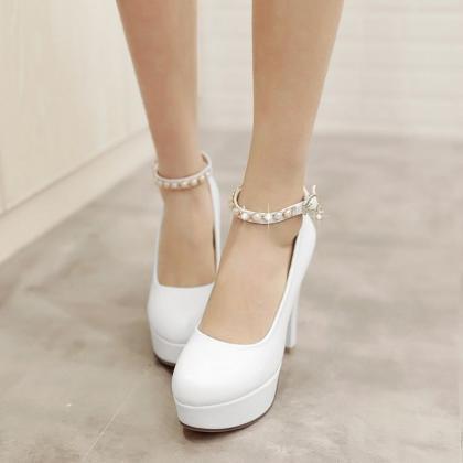 Beautiful Pearl Beaded White Ankle Strap Pumps