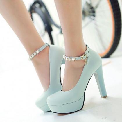 Classy Blue Pearl Beaded Ankle Strap High Heels..