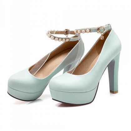 Classy Blue Pearl Beaded Ankle Strap High Heels..