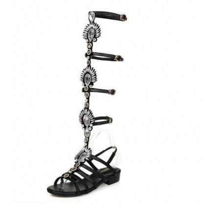 Black Rhinestone Beaded Fashion Gladiator Sandals