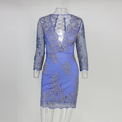 Blue Long Sleeve Backless Lace Dress