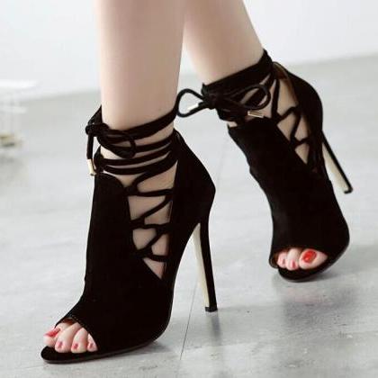 Sexy Black Lace Up High Heels Peep Toe Fashion..