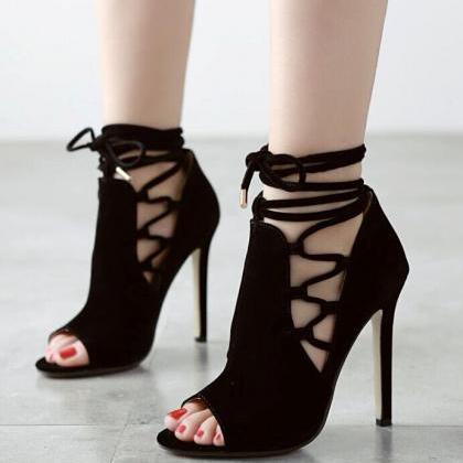 Sexy Black Lace Up High Heels Peep Toe Fashion..